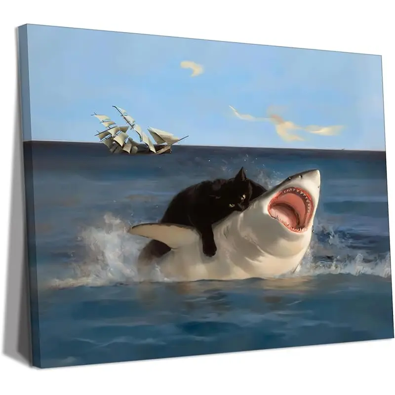 1pc 2D Flat Framed Wrapped Canvas Framed Black Cat Wall Art, Funny Quirky Cat and Shark Pictures Canvas Print, Abstract Black Cat Shark Wrapped Canvass Wall Decor for Room Bedroom Living Room Bathroom(Wrapped Canvas), 2D Flat, Perfect for Room Decor