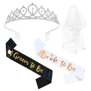 4 Pcs Bachelorette Party Decorations Bride & Groom to be Sash Tiara/Crown Veil Engagement Party Accessories Bridal Shower Gifts for Bride