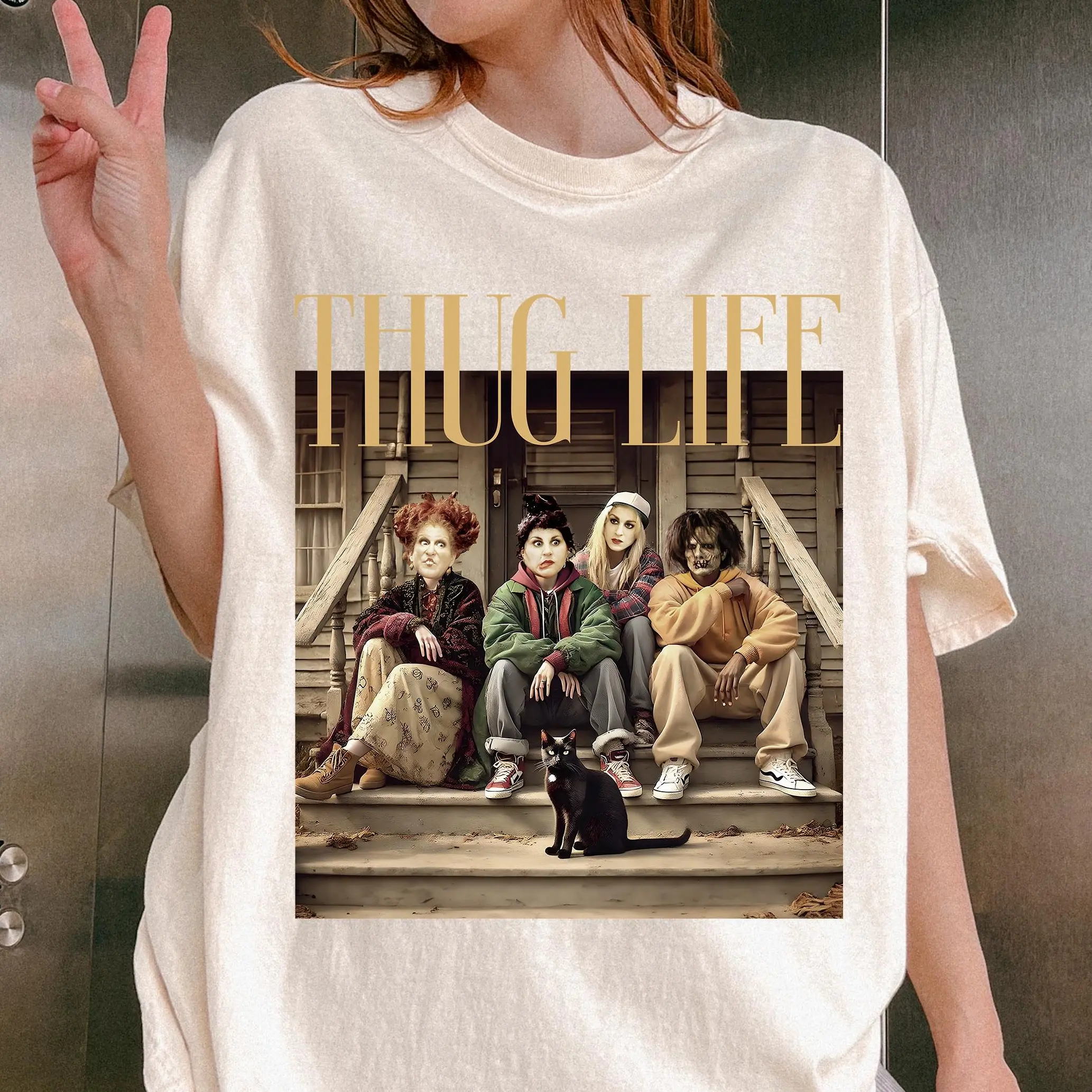 Women's Cotton Short-Sleeve T-Shirt - Funny Thug Life Hocus Pocus Sanderson Sisters Bad Witches Print, Casual Streetwear, Spooky Halloween Gift Top, Shortsleeve, Tshirt