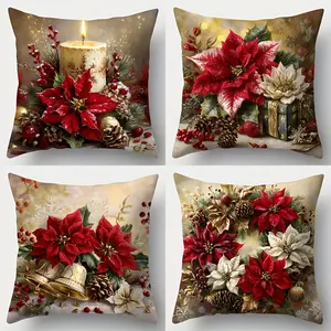 4pcs, Contemporary Christmas Theme Throw Pillow Covers, Red Poinsettia Floral Holiday Decor with Golden Bells, Candle Holders, Festive Floral Accents - Zipper Closure Cushion Cases for Xmas Tree, Living Room, Bedroom, Single Sided Printing, No Pillow Core