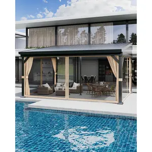 Garvee 12x16 ft Hardtop Lean-to Gazebo with Aluminum Frame, Gutters, Wall-Mounted Pergola, Mosquito Netting, Privacy Curtains, and Sloped Galvanized Steel Roof; Available in Khaki, Blue, and Grey for Outdoor Patio, Garden, and Deck Shelter