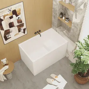 Aobtkel®43" Acrylic Freestanding Bathtub with seat: Spacious rectangle Shape, Gloss White Finish, Chrome Overflow & Pop-Up Drain