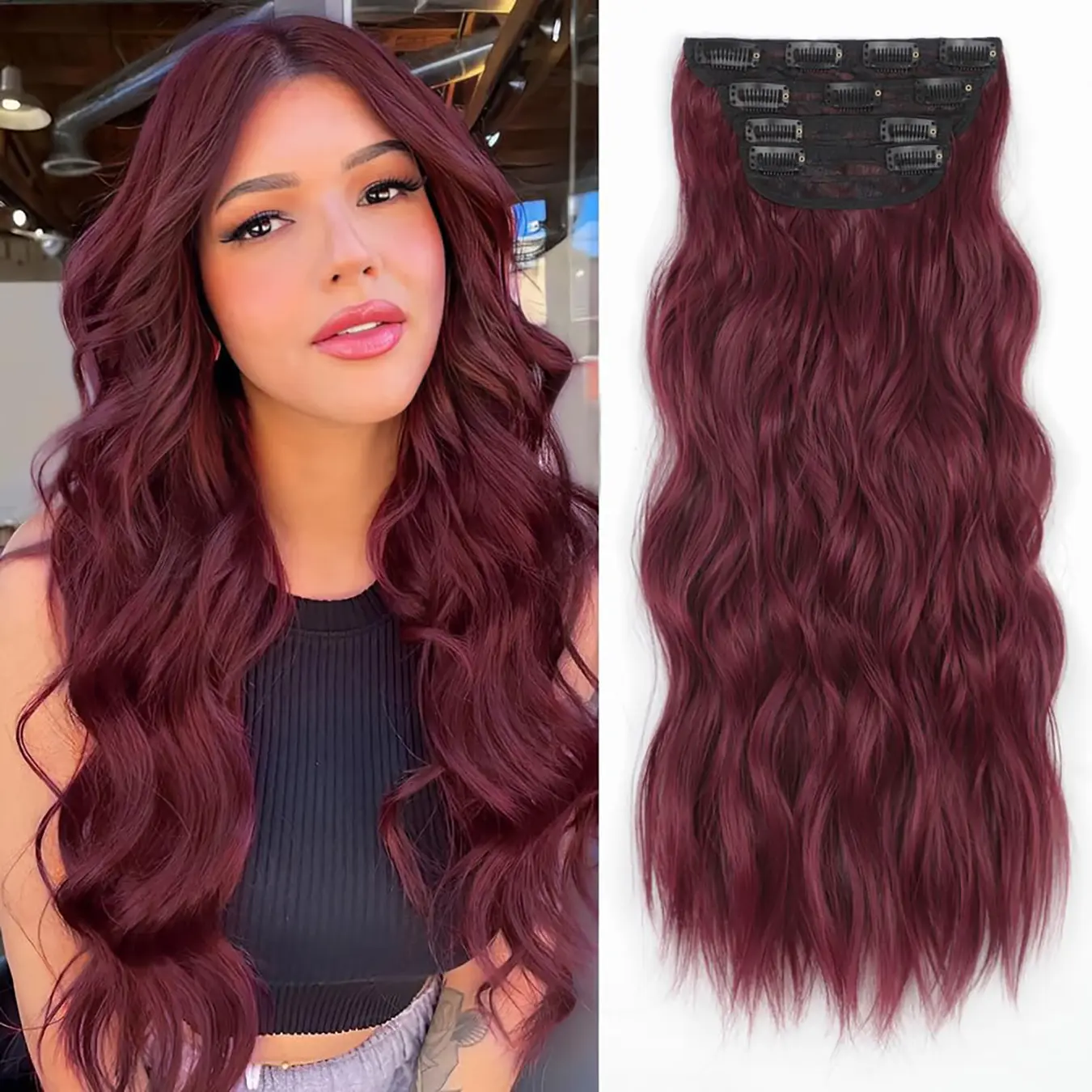 Burgundy Clip in Hair Extensions, 20 Inch Loose Wavy Synthetic Clip in Hair Extensions for Women, 4PCS Layered Red Hair Extensions Lace Weft Voluminous Soft Hairpieces for Full Head Coverage, Wine Red Hair Extensions summerwins,summerwins
