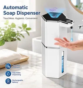Contactless foaming hand sanitizer dispenser, hands-free sensor pump head, USB‑C rechargeable interface, 14 oz (400 ml) capacity, IPX5 waterproof rating, wall-mounted installation, accessory suitable for bathrooms, kitchens, and other areas.