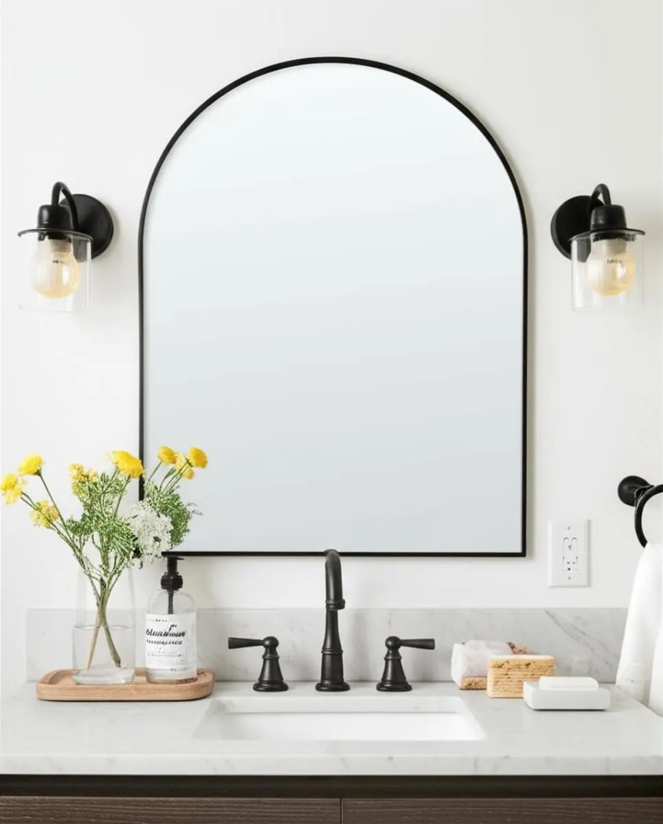 HomeRoots Classic Black Arch Metal-Framed Vertical Glass Wall Mirror, Wall-Mounted Bathroom Fixture with Hooks, 39.3x28.29x3.53 in., Ready to Hang Casual Bathroom Accessory