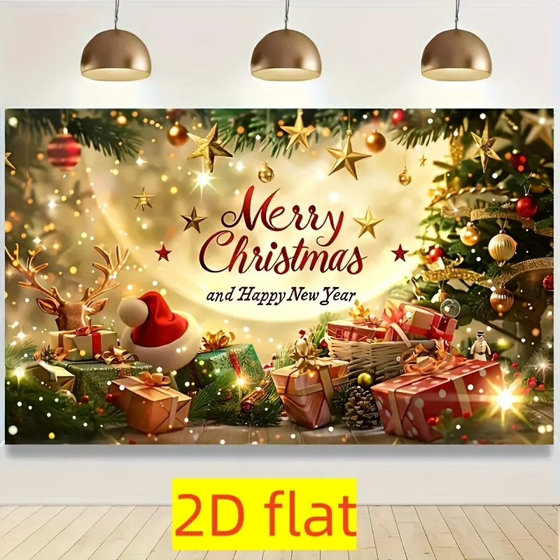2D Flat, 1pc Merry Christmas & Happy New Year Banner - Festive 2D Flat Polyester Backdrop with Santa Hat, Gifts, and Holiday Decor for Tree, Yard, or Indoor Celebrations, Christmas Decorations, Party