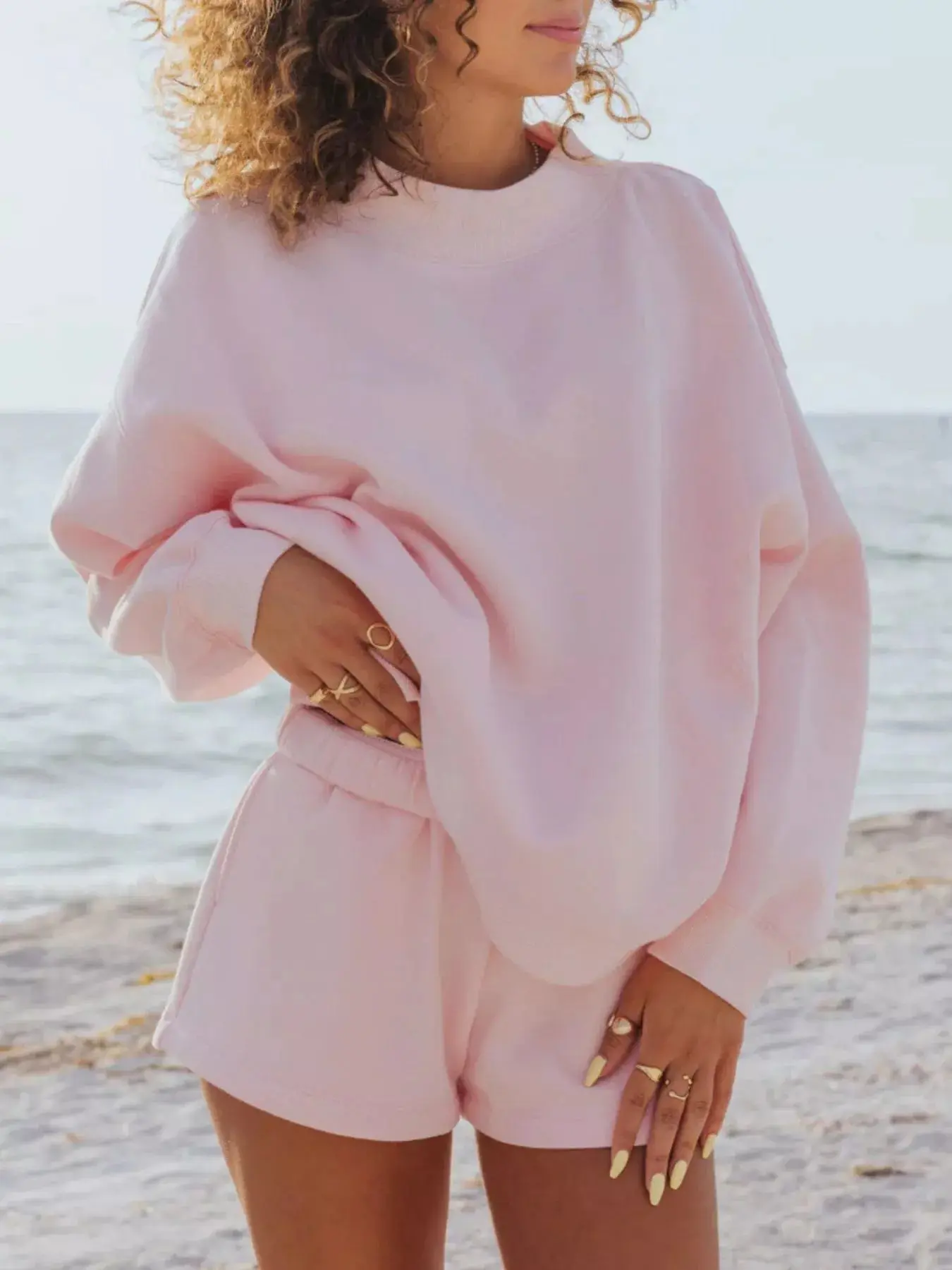 Women's 2-Piece Polyester Style Basic Clothing Set - Loose Stretchy Round Neck Sweatshirt, Relaxed Fit Casual Outfit