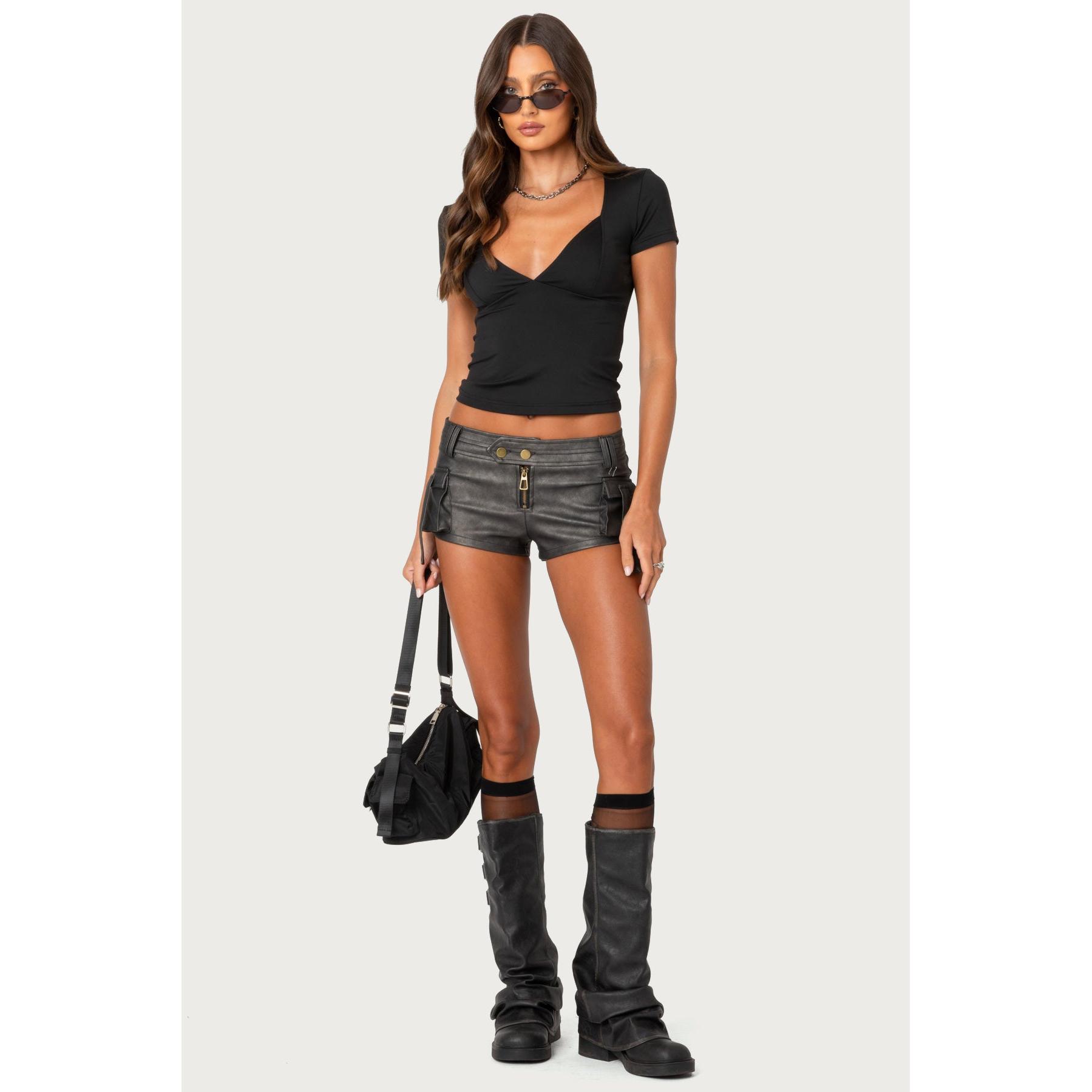 Washed Faux Leather Micro Cargo Shorts