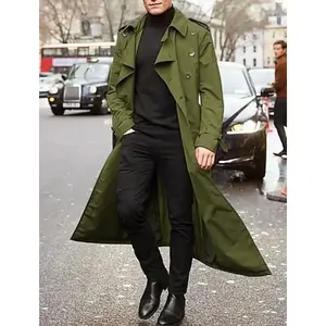 Men’s long trench coat, loose fit, long sleeves, autumn/winter, solid color, buttoned, fashionable