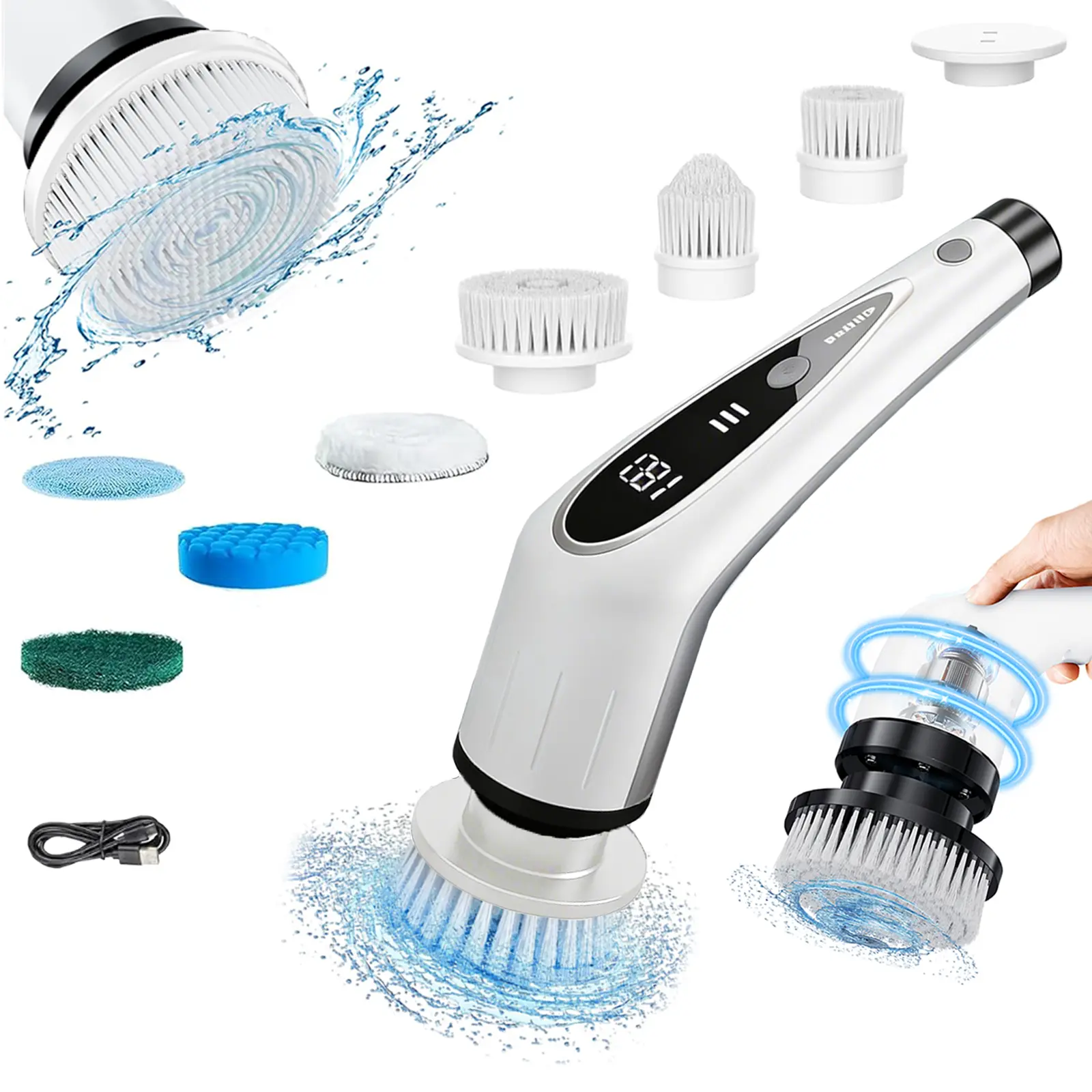 【BACK TO SCHOOL】2026 Upgraded Cordless Electric Spin Scrubber, Handheld Household Wireless Cleaner with 8 Replaceable Brush Heads, 3-Length Extendable Handle, IPX7 Waterproof, LED Display, USB-C Fast Charge, USB Port for Bathroom, Kitchen, Car