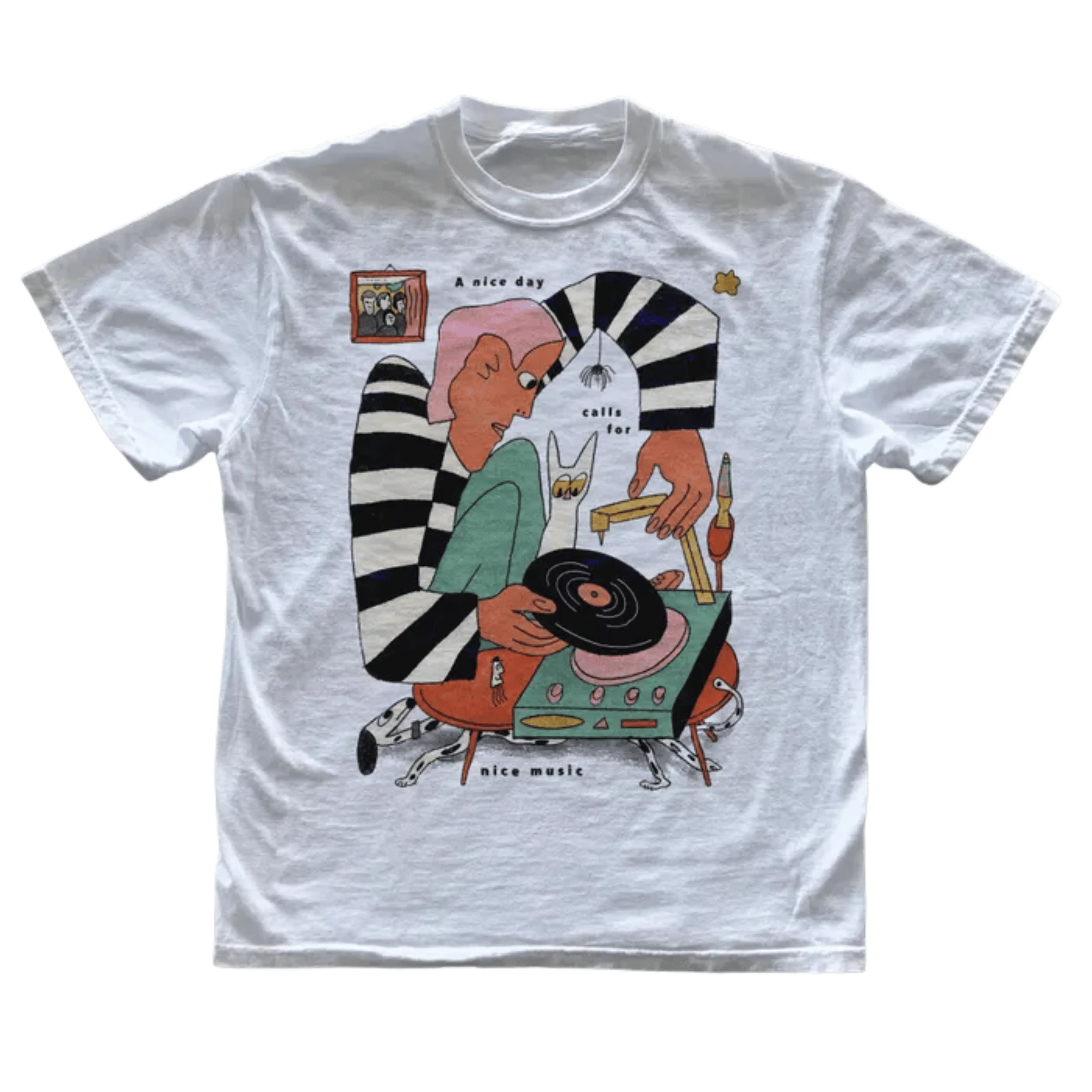 Gildan Men's and Women's T-Shirt, Vintage Retro Vinyl Music Graphic Tee, Record Player Turntable Shirt, A Nice Day Calls For Nice Music Quote, Cute Cat Vinyl Record Collector Top, Quirky Indie Art Merch, Gift for Music Lovers, Unisex Menswear, Cotton