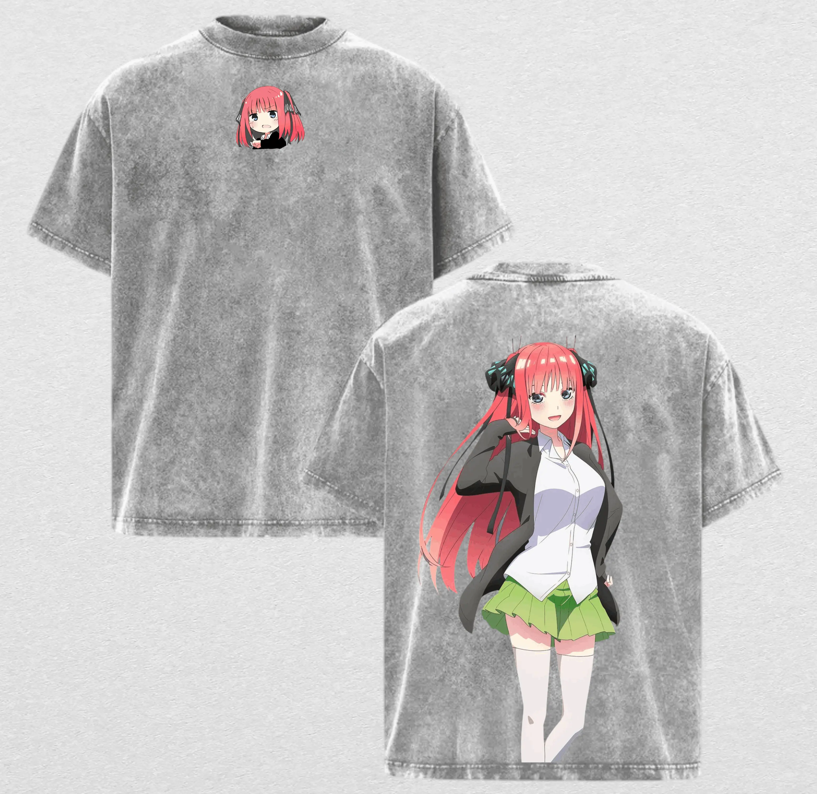 Nino Nakano Quintessential Quintuplets Anime Vintage Acid Wash T-Shirt Heavyweight Cotton Mineral Wash Oversized Streetwear Tee Retro Graphic Double-Sided Print Fan Gift
