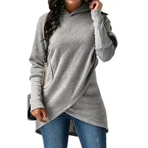 USED-ARTFFEL-Women Solid Color Hooded Asymmetric Hem Hoodie Sweatshirt Outwear Tops Blouse Grey XL