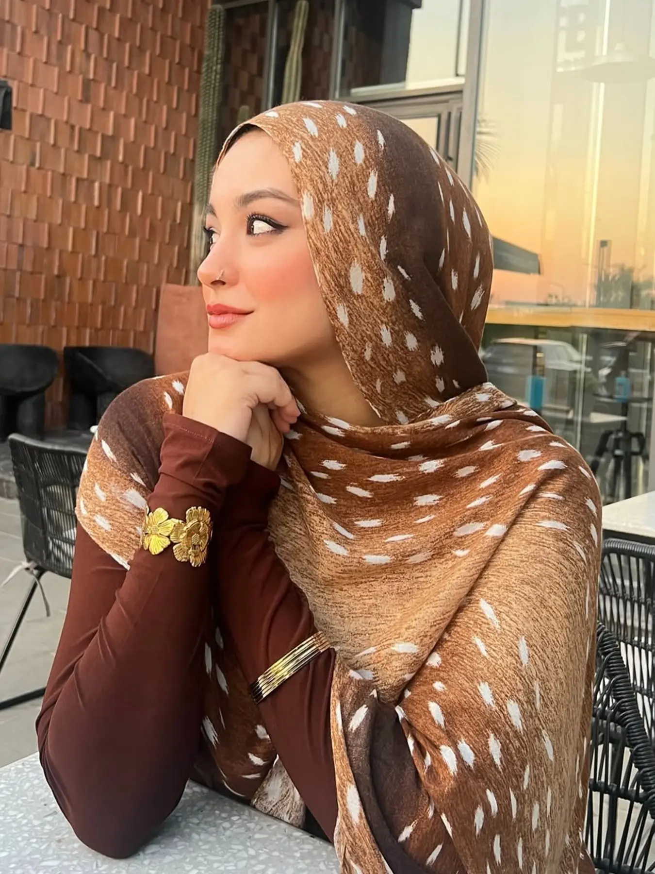 Women's Bohemian Watercolor Deer Print Hijab Scarf For Muslim, Modesty Casual Street Style Headscarf, Muslim Headscarf Cover, Daily Wear, Fall & Winter Fashion Accessory