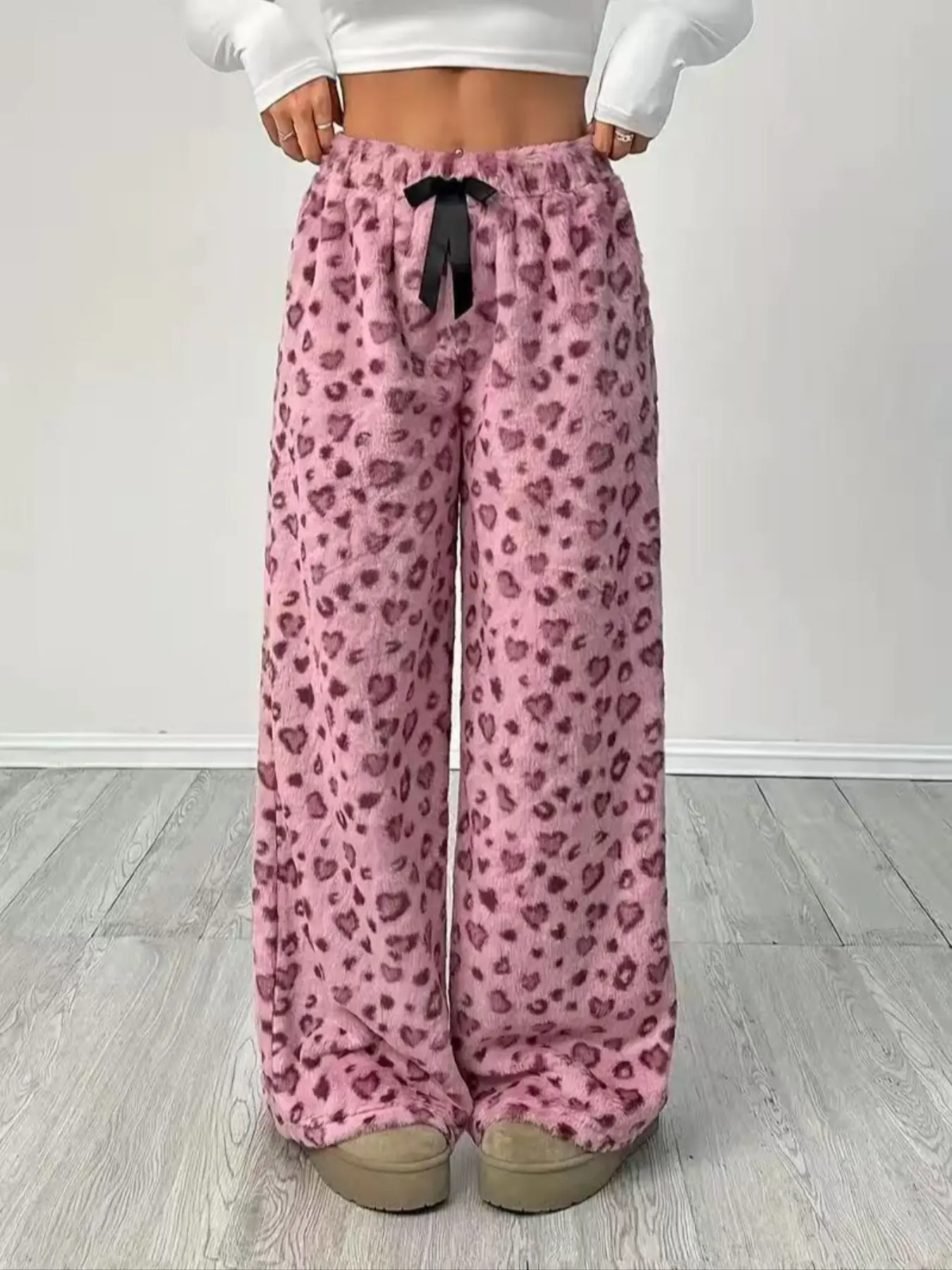 Women's Heart Pattern Faux Fur Wide Leg Pants, Drawstring, Adjustable, Casual Lounge Pants, Casual Loose Fit, Baggy, Soft Comfortable Fabric, Fall & Winter Fashion, Home Wear