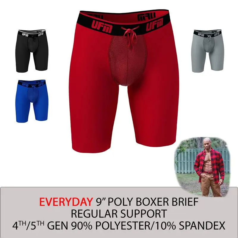 UFM Men's REG Support 9 Inch Boxer Briefs in Black, Gray, Royal Blue & Red with Adjustable Drawstring and Stretchy Mesh Pouch - Menswear