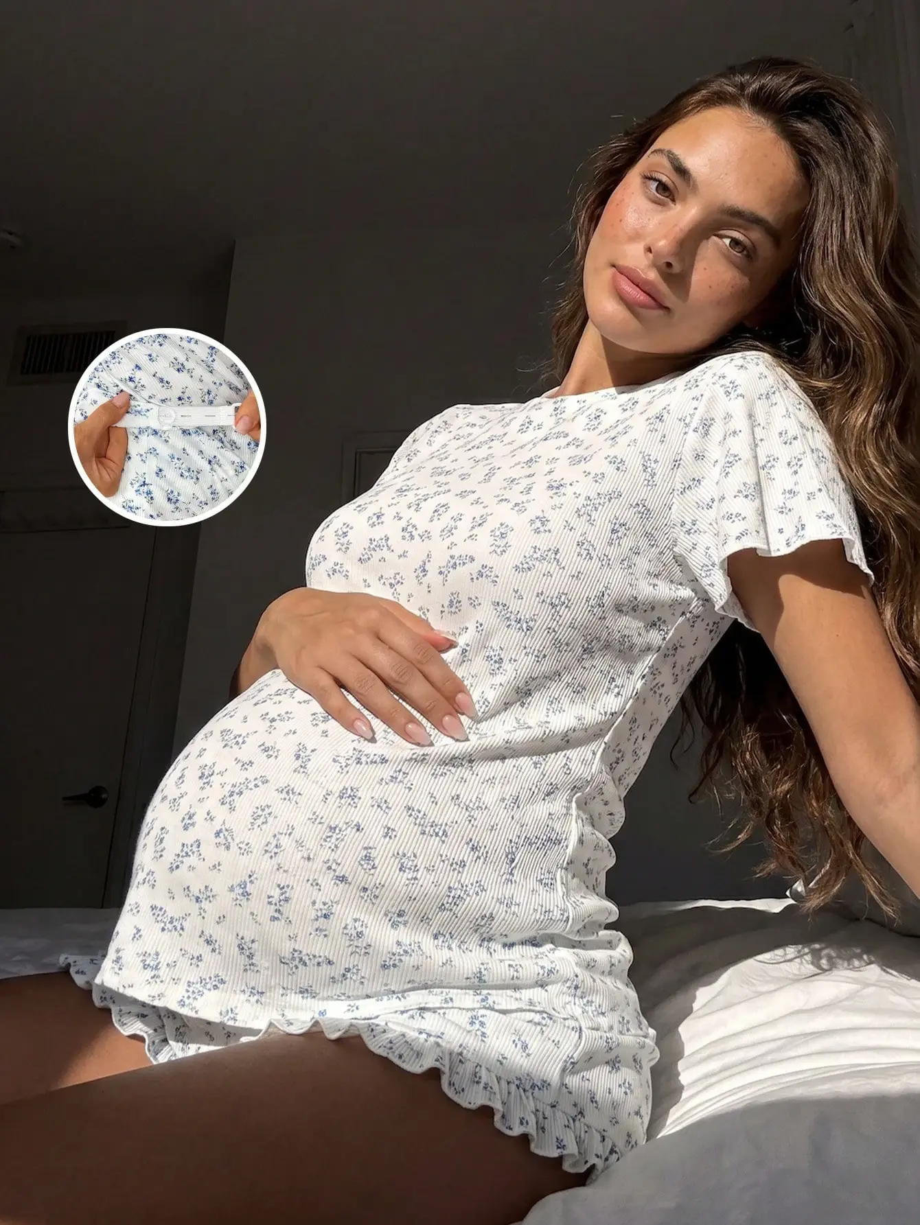 LALUZ Maternity White Summer Fairy Ditsy Floral Short Sleeve T-Shirt Adjustable Waist Shorts Casual Loungewear Pajama Sleepwear Set