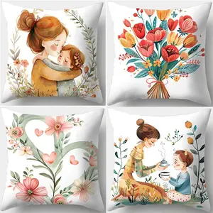 Floral Pattern Cushion Cover without Filler, 4 Counts/set Mother's Day Themed Pillow Cover, Square Pillowcase for Home Sofa Bed Decor, Bedroom Decorative Accessories