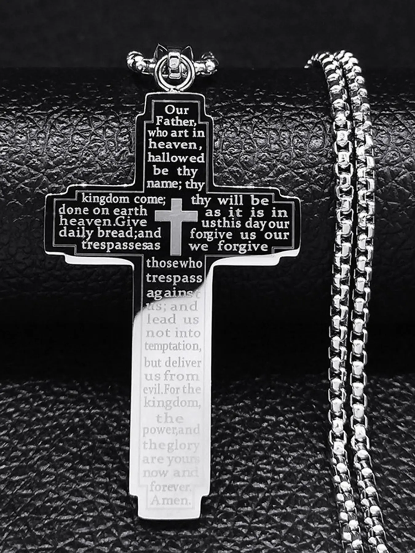 Christian Bible Cross Chain Necklace, Stainless Steel Pendant Necklace for Men, Religious Prayer to Jesus Cuban Cross Necklace Unisex Gothic Cross Design Faith Necklace