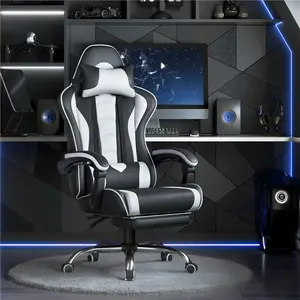 【On Sale】Yaheetech Ergonomic Gaming Chair with Massage Lumbar Support and Footrest, Swivel Rolling Chair and Headrest,Pu leather Desk Chair Reclining tall gaming