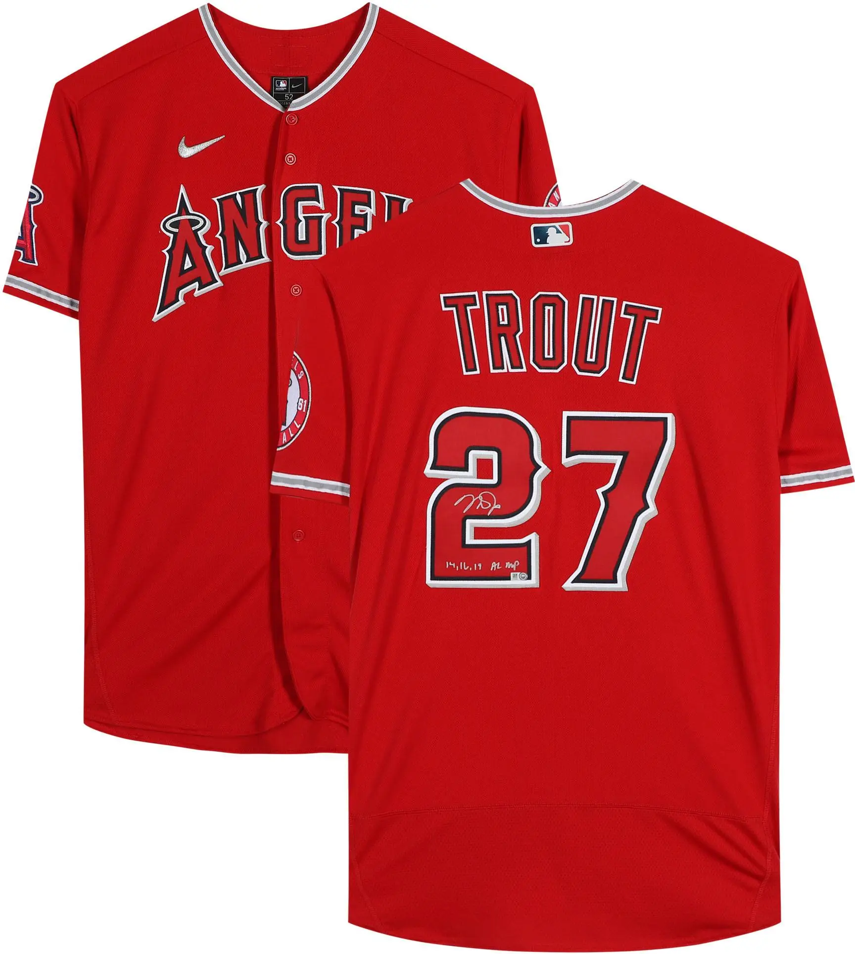 Mike Trout Los Angeles Angels Autographed Red Nike Authentic Jersey with "14, 16, 19 AL MVP" Inscription - Fanatics Authentic Certified