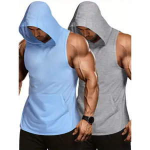 2 Pack Sleeveless Gym Hoodies - Men's Workout Hooded Tank Tops Bodybuilding Muscle Cut Off T Shirt Casual Breathable Sportswear Athletic Techwear