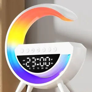 AKLLCCR 7in1 RGB MultiFunction Wireless Speaker, Bluetooth Rechargeable Audio, Wireless Charging Station for Smartphone, Alarm Clock, FM Radio, 7-Color LED Night Light Lamp for Room, Office