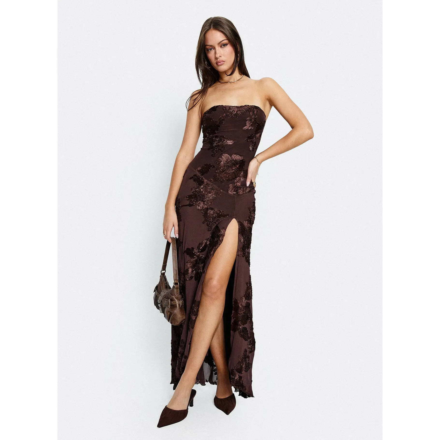 Maribeth Strapless Floral Maxi Dress Chocolate Brown