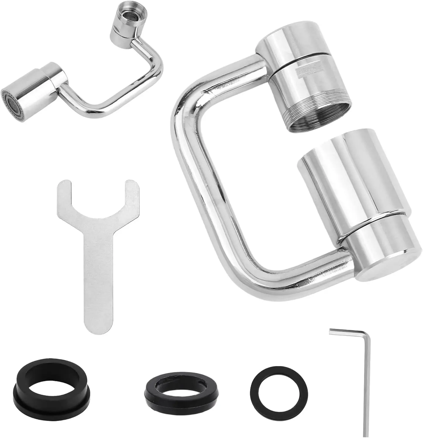 Silver Universal Faucet Extender - Adjustable Modern Bathroom Fixture Accessory, 1440° Full Rotation U-Shaped Design, 1080° Rotating Aerator Extension, Dual Spray Modes, Screw-On, Easy Install with Instructions for Kitchen & Bathroom Taps