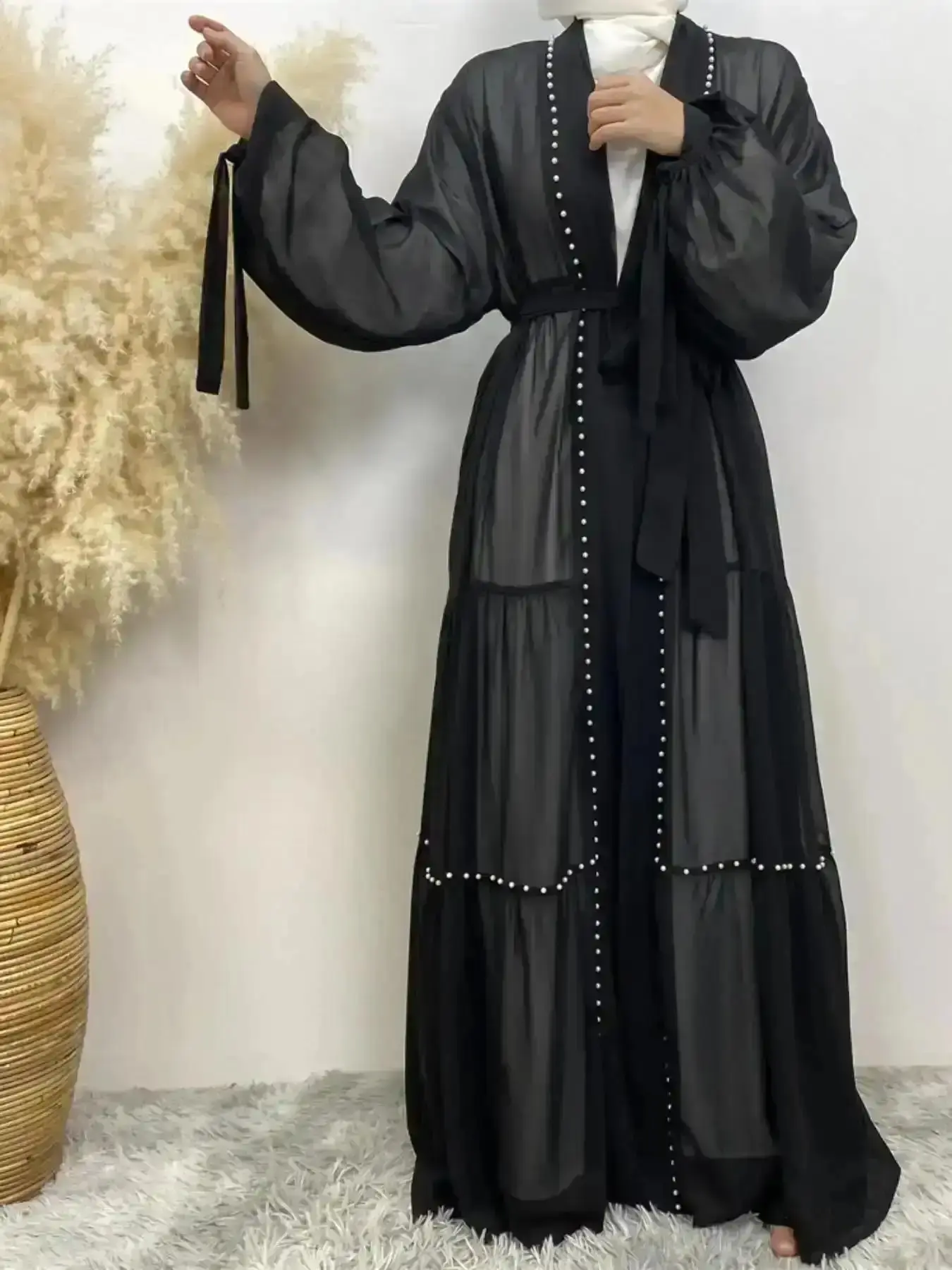 Fashion Women Wear Pearls Decor Chiffon Abaya, Modest Long Sleeve Open Front for Daily Wear, Islamic Clothing Spring & Fall, Versatile, Trending Now, Office Chic, Viral Style, Girls Night, EffortlessStyle, WardrobeStaple