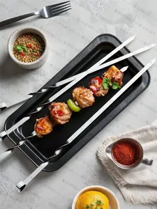 Stainless Steel BBQ Skewers Set of 5 Reusable Barbecue Food Utensils for Grilling Meat Veggies & Kebabs Dishwasher Safe Eco Friendly Kitchen Utensils Sustainable Eating Rust Resistant Durable Food Grade Stainless Steel Flat Wide Design - Kitchenware