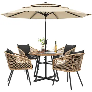 YITAHOME 5-Piece Outdoor Dining Set with Umbralle Hole, Rattan Patio Dinging Set for 4 with Cup Holders Soft Cushions and Glass Top Dining Table for Backyard Deck Bacony (Light Brown + Black)