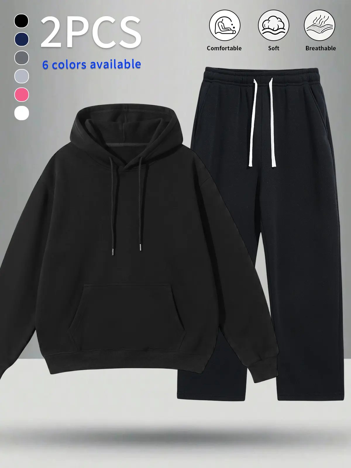 Men's suit, men's sports set, men's two-piece set. Soft, skin-friendly casual sports two-piece set featuring straight sweatpants with an elastic drawstring and kangaroo pockets, paired with a hooded sweatshirt with drawstring; relaxed fit, solid color, ve