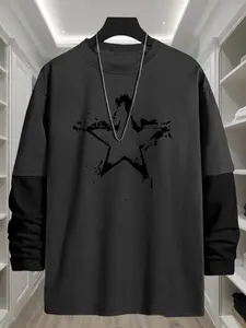 Men's Star Print Long Sleeve Tee, Casual Graphic Design, Casual Comfy Loose Round Neck T-shirt for Daily Wear, Men's Top for All Seasons, Casual Streetwear Top