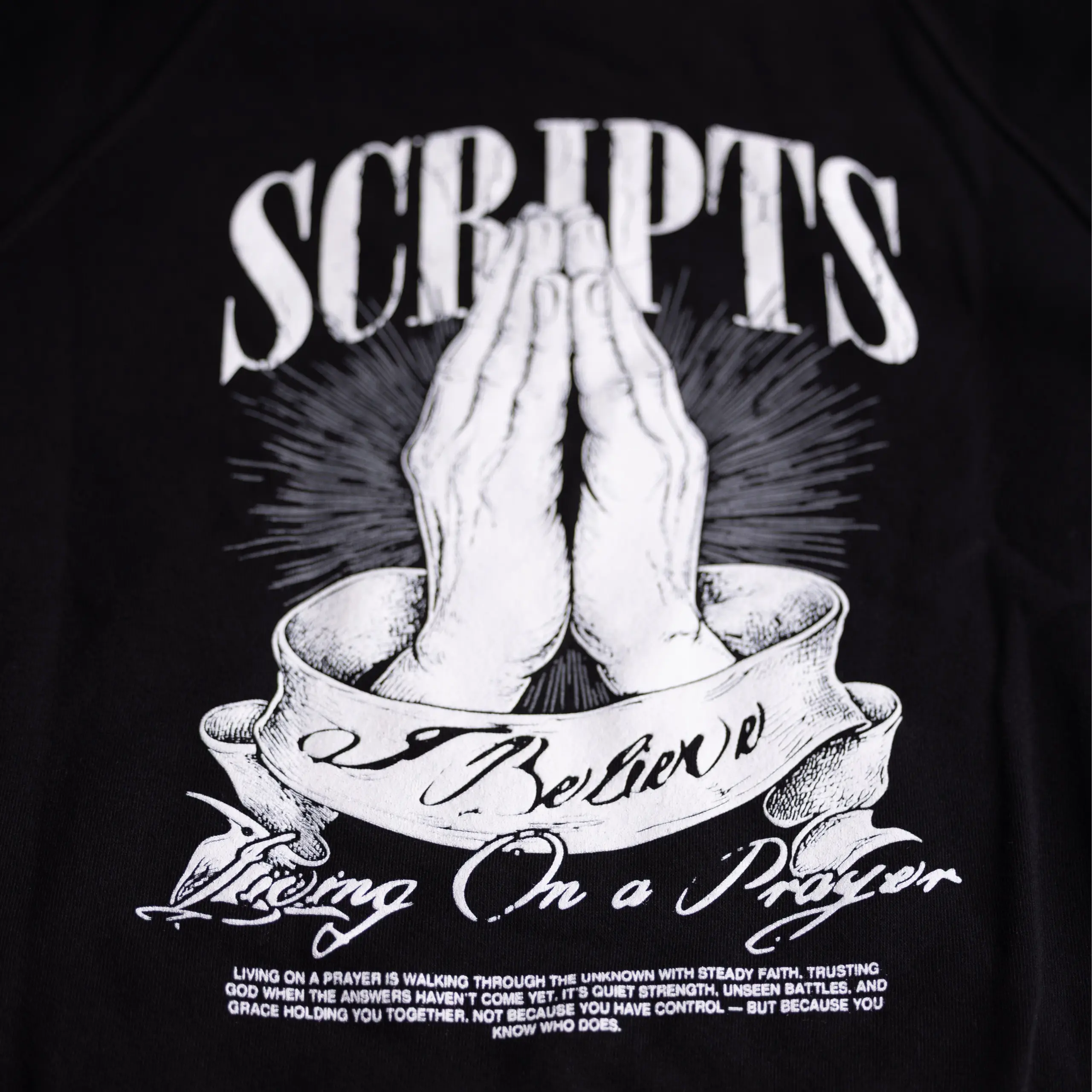 Christian Streetwear Hoodie — Living on a Prayer Praying Hands Graphic, Oversized Heavyweight