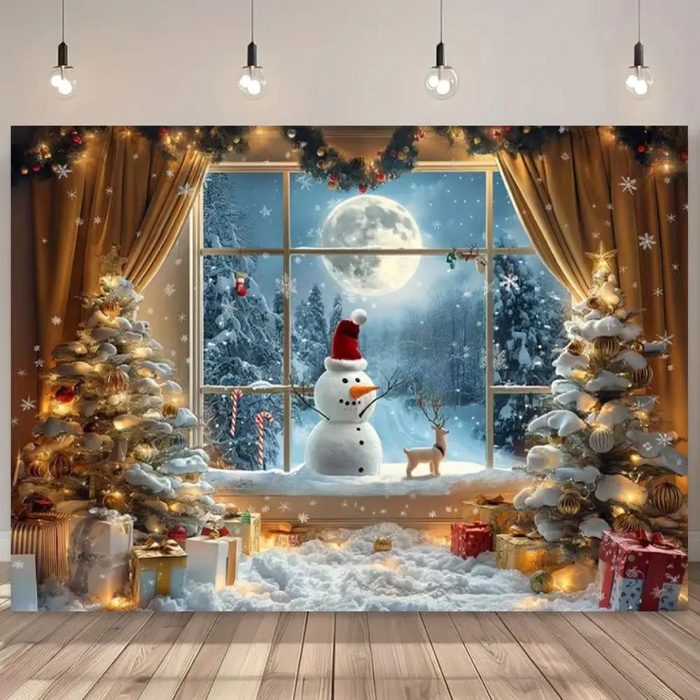 Festive Vinyl Christmas Backdrop Banner - 1pc Polyester Printed Scene with Christmas Tree, Snowman, Full Moon, Gifts - No Electricity, Featherless - Festival Party Supplies for Indoor/Outdoor Holiday Party, Happy Birthday Ceremony, Portrait Photos