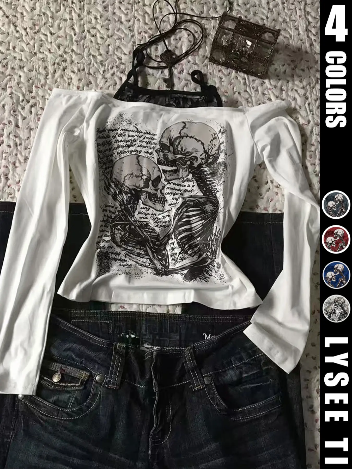 Fashion and casual y2k women's fitted skull Skeleton print Fashion Printed Pattern Halloween shoulder strap top Shirts Long Sleeve Summer Bodycon Fitted Top