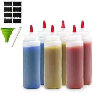 6-Pack Condiment Squeeze Bottles for Sauces - Includes Funnel, Erasable Marker &  Labels,  for Salad Dressings, Liquids, and Ketchup, Durable Plastic 4 oz Bottles