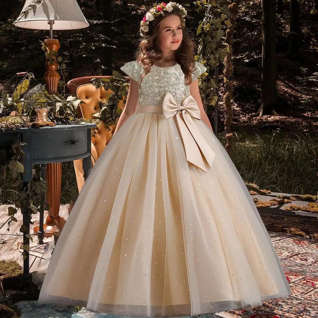 Girls Princess Bridesmaid Dress Kids Long Prom Ball Gowns Children dressing Birthday Party Bow Lace Dresses Christmas Vestidos