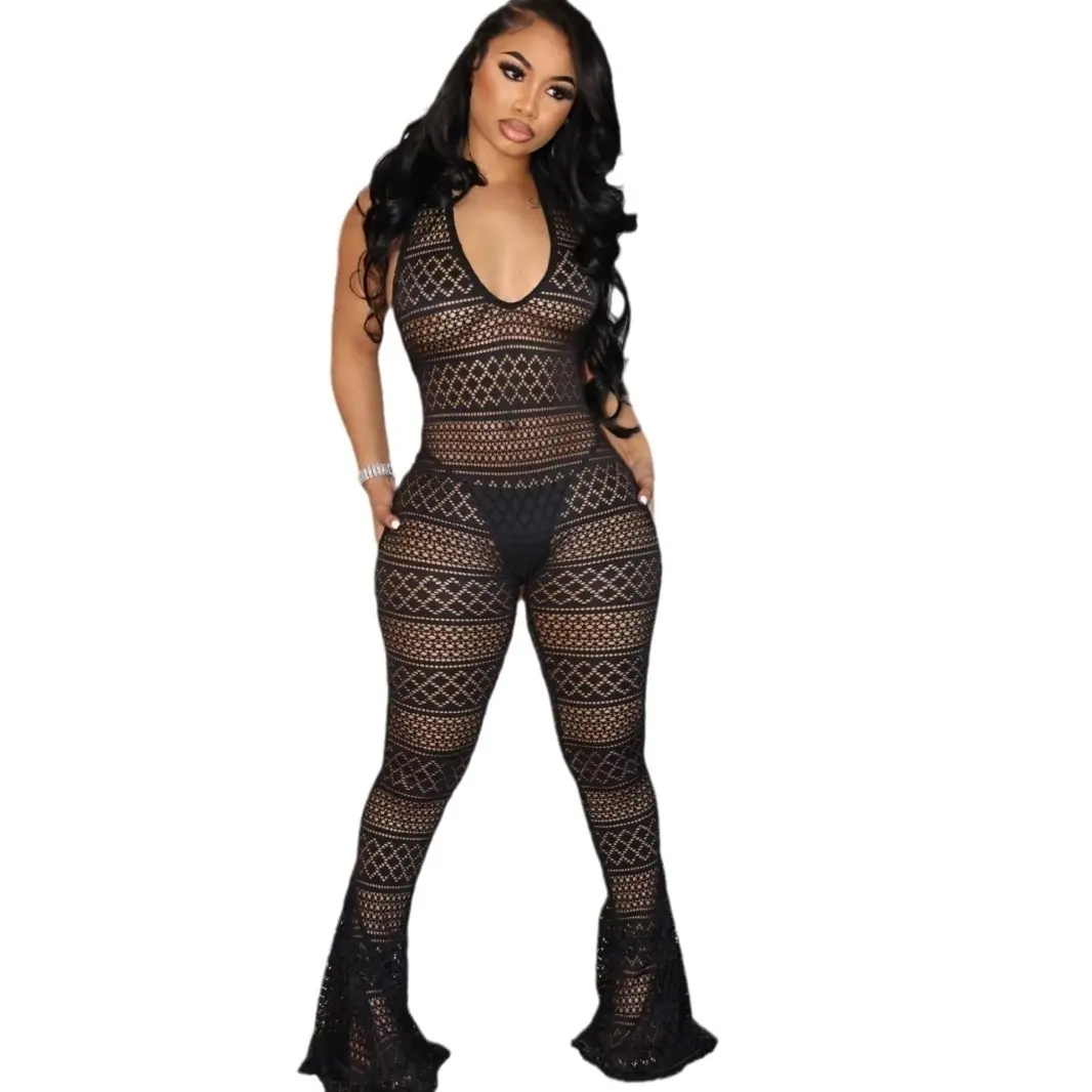 Women's Crochet Jumpsuit Sleeveless Deep V Neck Flared Leg Hollow Out One Piece Stretchy Knit Romper Fabric Fit, Overalls, Lightweight