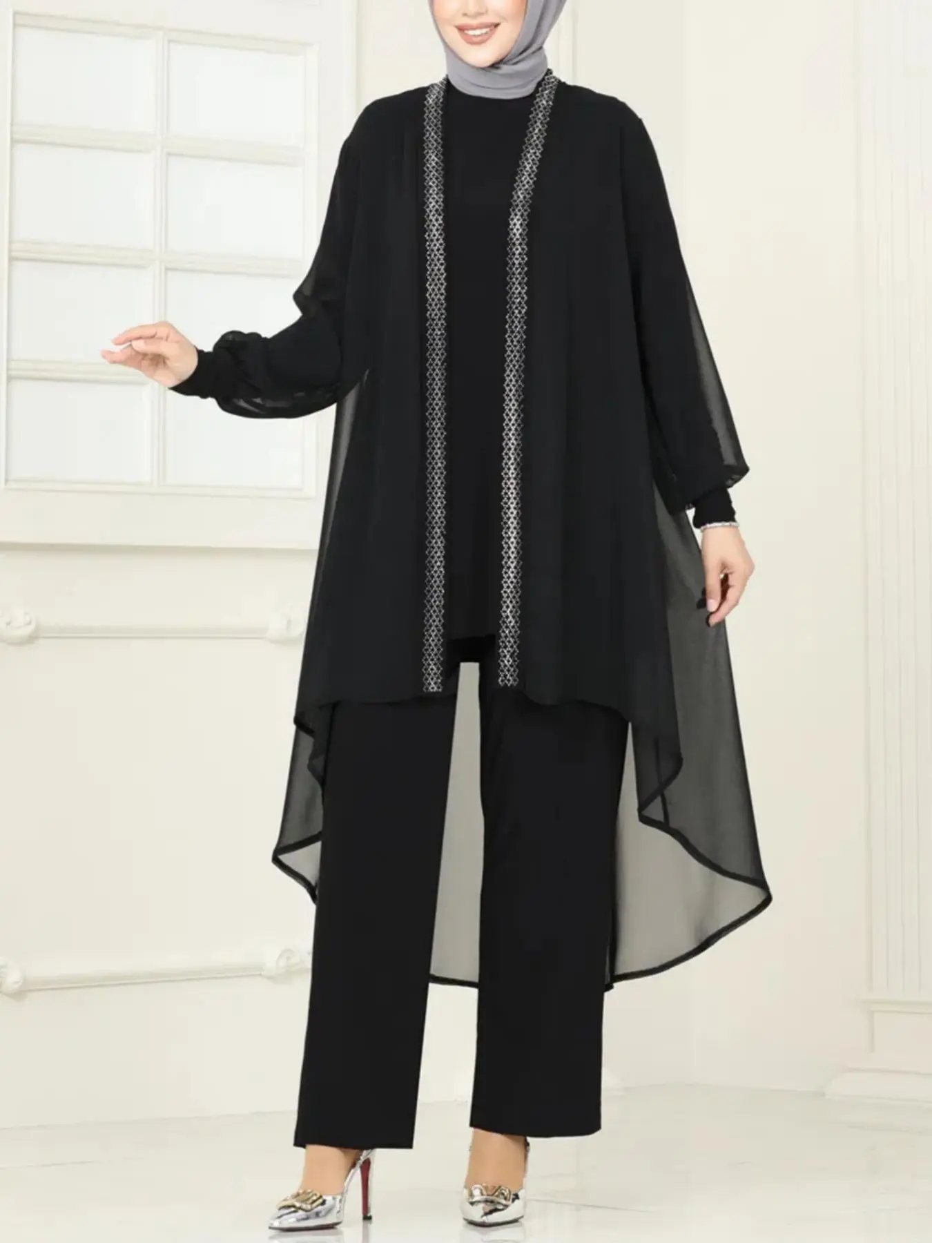 Women's Solid Color Open Front Coat & Long Sleeve Top & Pants Islamic Clothing Set, Abaya Set, Modest Three-piece Outfits for Daily Wear, Ladies Islamic Clothing for All Seasons, Modesty, Muslims, Fashion Muslim Set, Clothes Sets