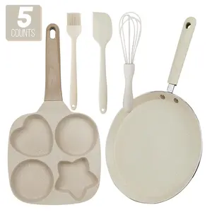 Kitchen Cookware Bakeware Set, 5 Counts/set Including Non-stick Frying Pan & Breakfast Pan & Silicone Spatula & Whisk & Basting Brush, Easy Clean Cooking Essentials