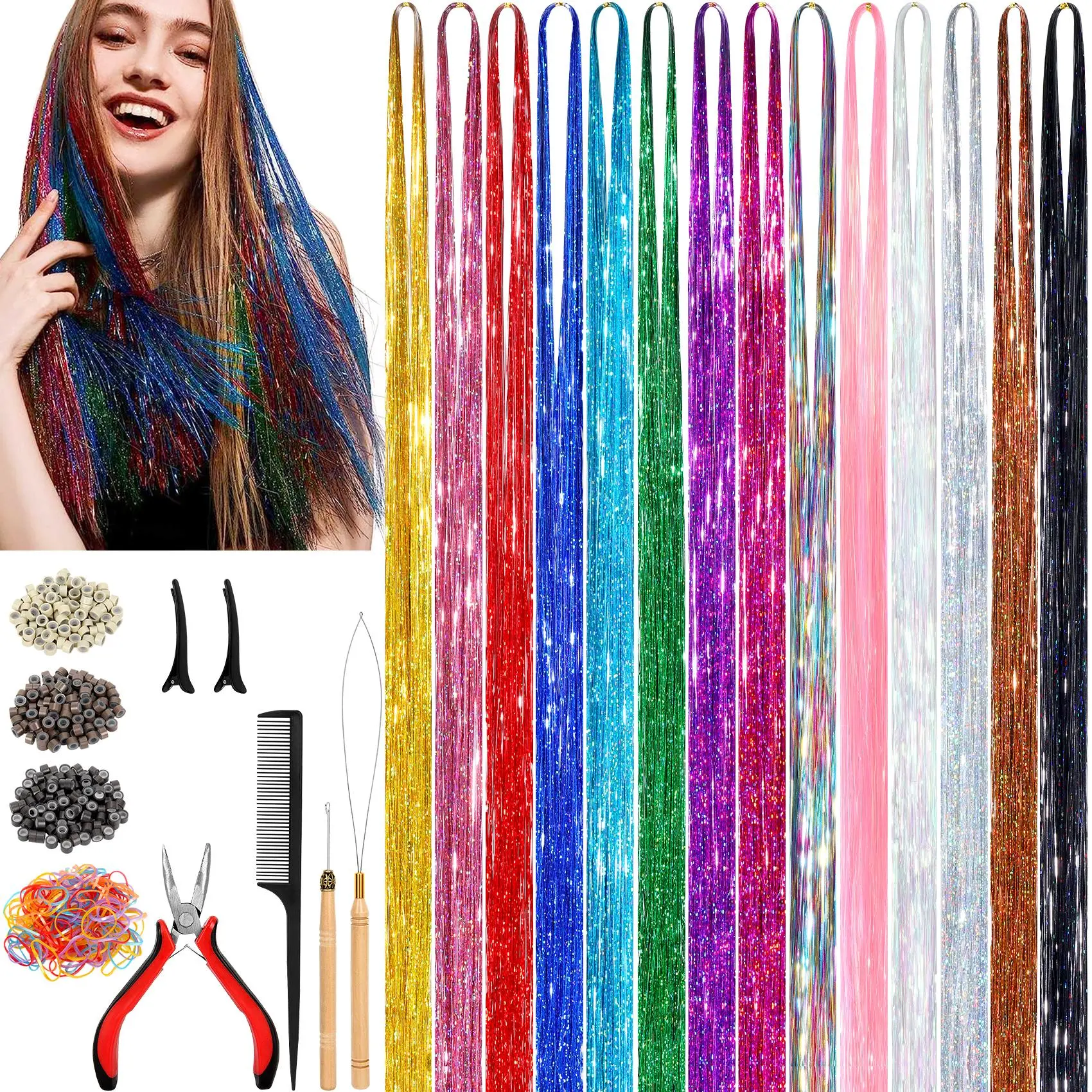 Hair Tinsel Kit, Tinsel Hair Extensions with Tools, Specific Color Heat Resistance Fairy Hair Tinsel Kit for Women Girls Hair Accessories Black Hair Band Synthetic Extensions & Pieces (48 Inch,14-Color, 3500 strands) Threader Micro Silicone Link Ring summ