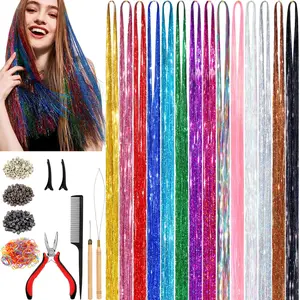 Hair Tinsel Kit, Tinsel Hair Extensions with Tools, Specific Color Heat Resistance Fairy Hair Tinsel Kit for Women Girls Hair Accessories Black Hair Band Synthetic Extensions & Pieces (48 Inch,14-Color, 3500 strands) Threader Micro Silicone Link Ring
