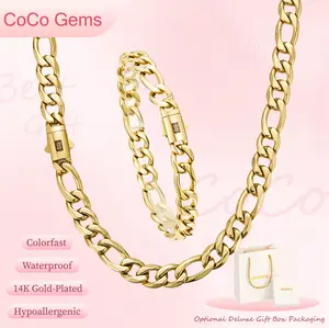 Holylegend 14K Gold Plated 8mm Figaro cuban Chain Bracelet & Necklace Set for Women & Men Italian Design Handmade Classic Polished Finish Rust Resistant Hypoallergenic Comfortable Daily Wear Luxury Jewelry Gift Set with Gift Box Available in 16–30 Inch