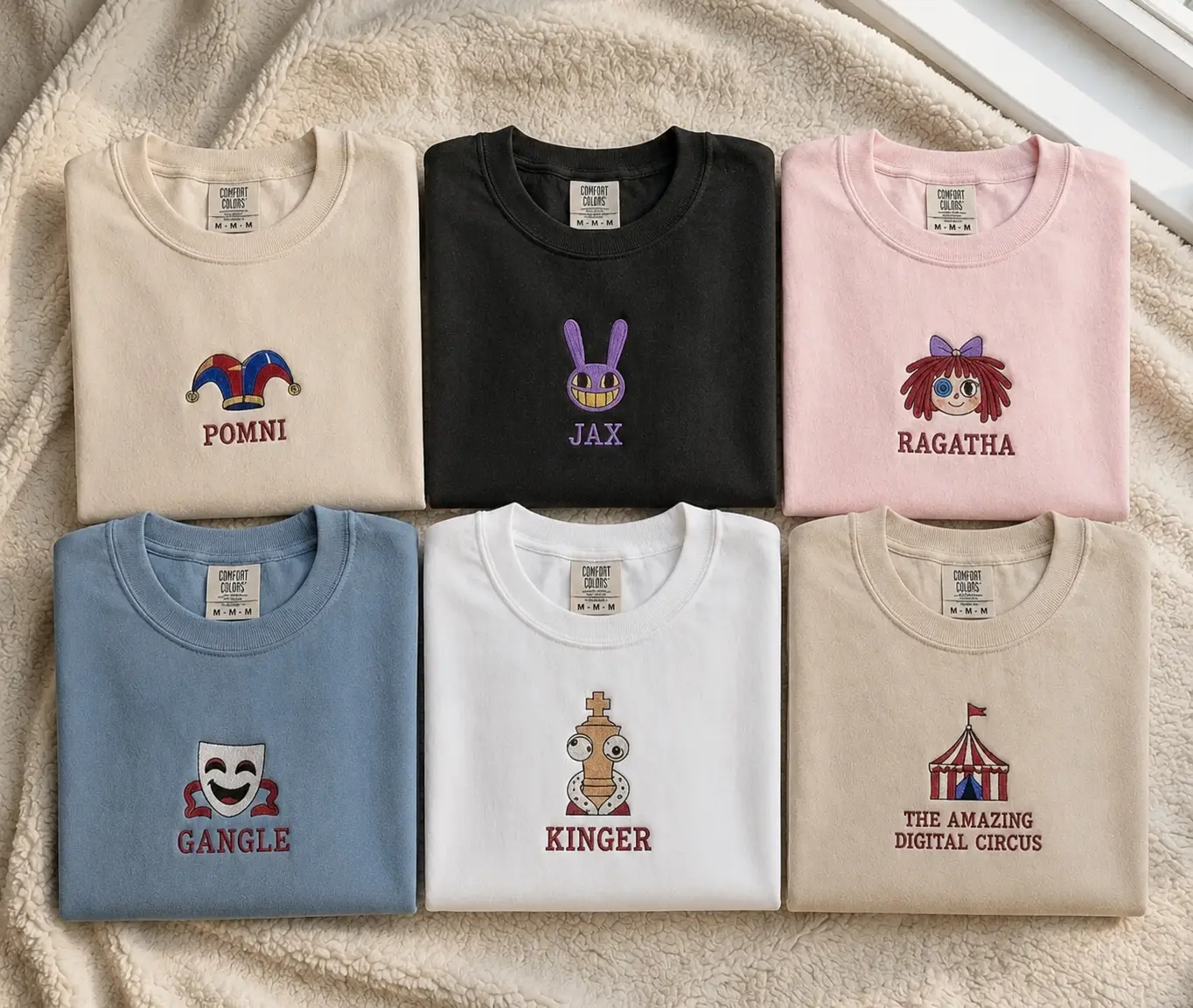 Amazing Digital Circus Embroidered Comfort Color T-shirt, Jax Embroidered Shirt, Circus Characters Shirts, TADC Fan Gift