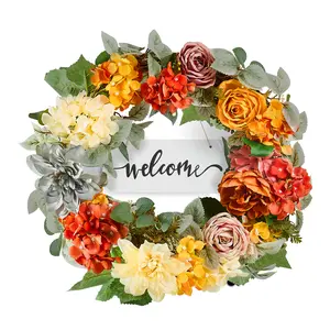 VEVOR Artificial Decorative Wreath,  24 in, Red Orange Yellow, Decorated with Hydrangeas, Roses, Wooden Sign, Year Round Wreath for All Seasons Indoor and Outdoor Home Wall Window Festival Decorations