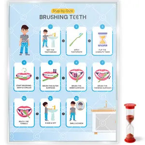 Brushing Teeth with Timer Chart Step by Step Laminated 9x12 Inch for Children Self Care Visual Chart Ideal for Special Needs and Autism