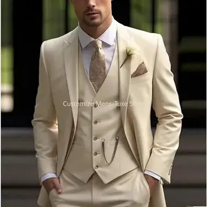 New Beige Suit Men Business Tuxedos Formal 3 Piece Set Jacket Vest Pants Single Breasted Groom Groomsman Prom Wedding Party Menswear Workwear business casual outfits