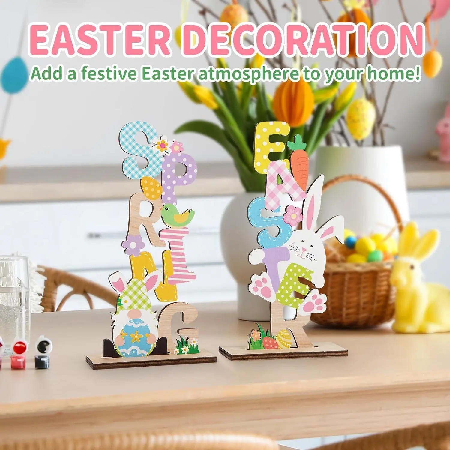 Easter Decoration, 2 Counts/set Wooden Letter & Rabbit Design Centerpiece, Easter Decoration for Home Office Desktop, Party Supplies, Ornaments, Indoor Home Decoration